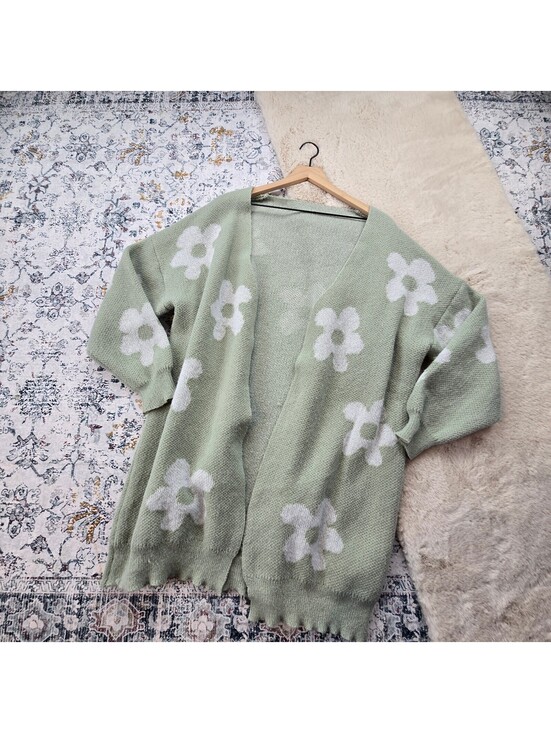 SHEIN Tops - Shein Curve Green White Flower Sweater Cardigan Plus Size 1XL